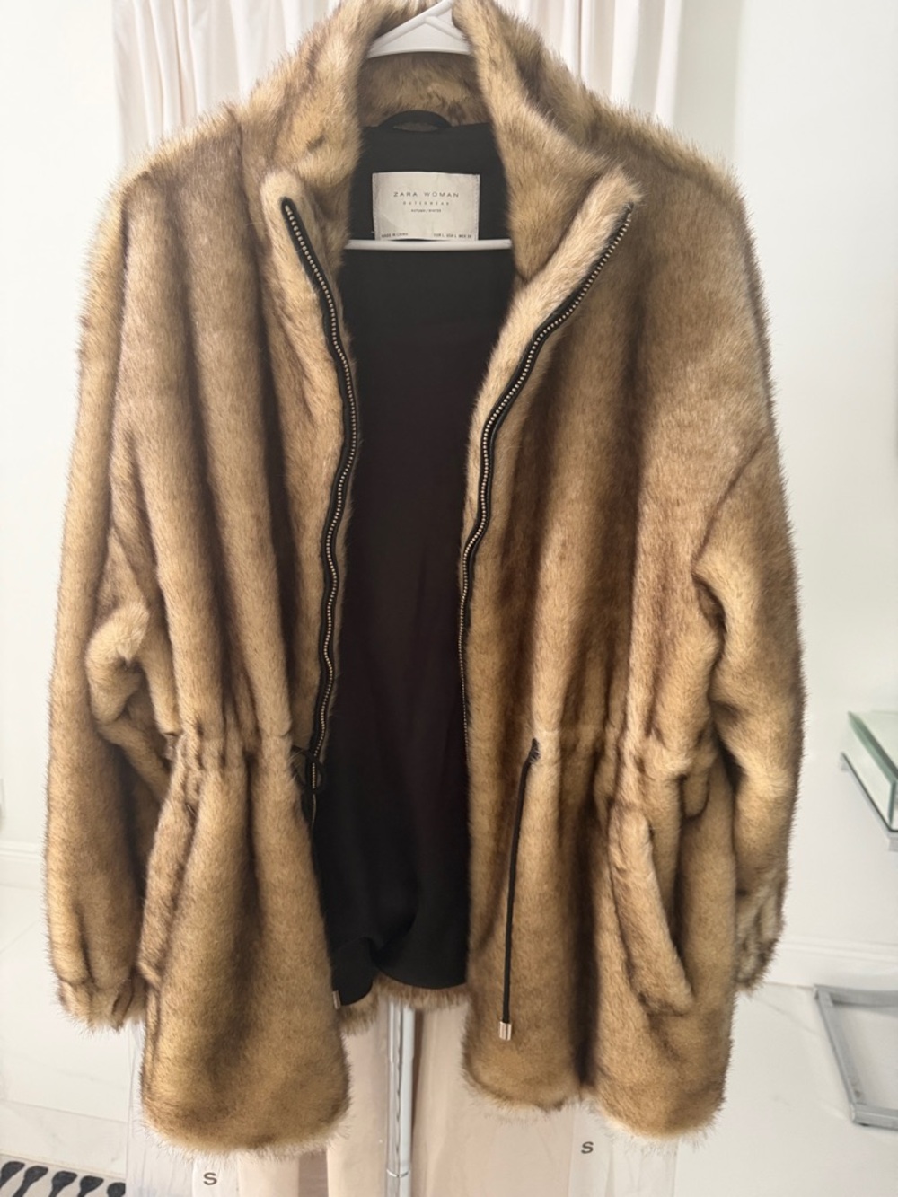 Zara Tan Funnel Neck Faux Fur Teddy Jacket with Zip & Drawstring